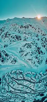 Top Down Prints: Breathtaking beautiful panoramic aerial view on Snow Alps - winter mountain peaks around French Alps mountains