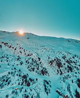 Snowboard Prints: Breathtaking beautiful panoramic aerial view on Snow Alps - winter mountain peaks around French Alps mountains