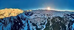 Snowboard Prints: Breathtaking beautiful panoramic aerial view on Snow Alps - winter mountain peaks around French Alps mountains