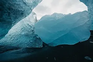 Slow Motion Prints: Breathtaking diamond beach on Iceland in winter with large ice blocks, ice cubes