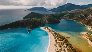 Summer Hill Prints: Breathtaking drone view of sandy Oludeniz Beach located near turquoise sea water