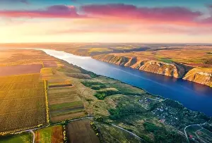 Dnister Prints: Breathtaking morning view from flying drone of canyon of Dnister river