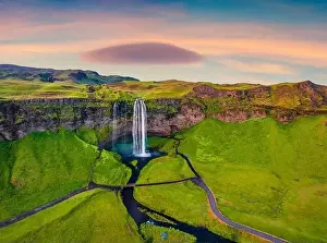 Seljalandsfoss Prints: Breathtaking morning view from flying drone of Seljalandsfoss waterfall