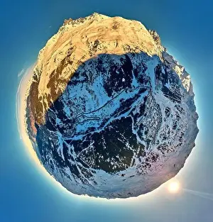 Snowboard Prints: Breathtaking panoramic aerial 360 panorama little planet view on Snow Alps - winter mountain peaks around French Alps