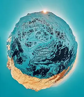 Snowboard Prints: Breathtaking panoramic aerial 360 panorama little planet view on Snow Alps - winter mountain peaks around French Alps