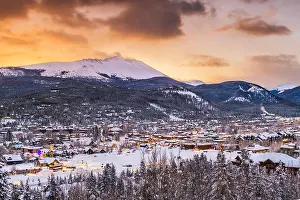 Breckenridge, Colorado, USA ski resort town skyline in winter at dawn