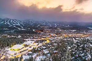 Breckenridge, Colorado, USA town skyline in winter at dusk