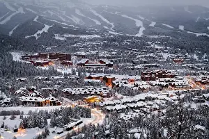 Breckenridge, Colorado, USA town skyline in winter at dusk