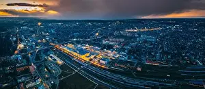 Brest, Belarus. Aerial Bird's-eye View Of Cityscape Skyline. Night Aerial View Of Railway Station. Panorama, Panoramic View