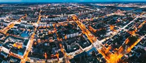 Pedestrian Street Prints: Brest, Belarus. Cityscape Skyline In Night Illuminations