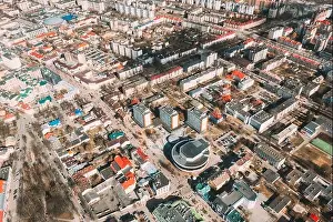 Brest, Belarus. Cityscape Skyline In Spring Sunny Day. Bird's-eye View Of Belarus Cinema And Brest Market, Sovetskaya Street
