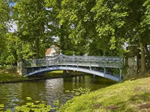 Bridge from the castle island Mirow to the love island in the Mirower lake, Mirow, Mecklenburg-Vorpommern, Germany