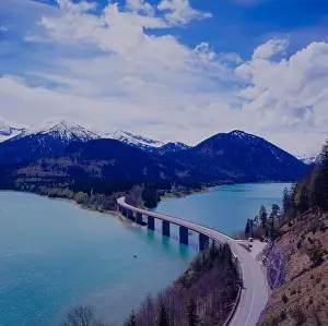 Lenggries Prints: Bridge over the Sylvensteinsee south of Bad Toelz. D-Upper Bavaria