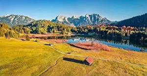 Geroldsee Prints: Bright autumn view from flying drone of Wagenbruchsee (Geroldsee)