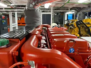 Gauge Prints: Bright Shiny Engine Room of a Fishing Farm Service Boat including multiple equipments