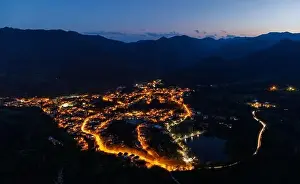 Rhodope Mountains Prints: Bright sparkling mountain town of Smolyan with multi-colored night electric lights