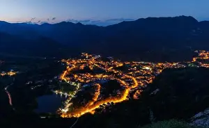 Bright sparkling mountain town of Smolyan with multi-colored night electric lights