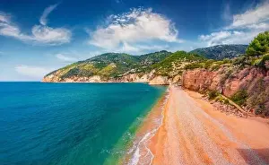 Bright spring view from flying drone of popular tourist destination - Mattinatella beach (Fontana delle Rose)