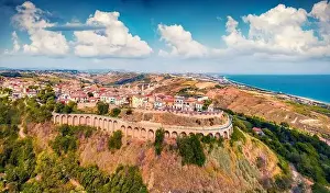 Bright summer view from flying drone Silvi Paese village