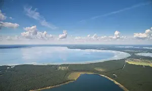Day Sky Prints: Bright sunny lake landscape with clean sky aerial drone view