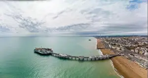 Brighton Pier, UK - Aerial panoramic view on sunny day