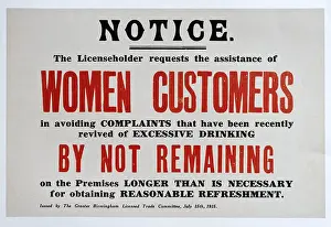 Customers Prints: A British first world war notice to women customers in pubs to avoid excessive drinking