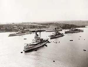 British Navy Prints: British Navy, fleet in Grand Harbour Malta, 1930's