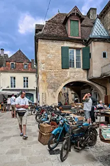 Market Square Prints: Brocante and old motorbikes at market square of the English bastide town Beaumont-du-Périgord
