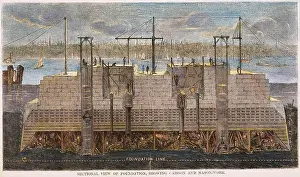 Late Prints: BROOKLYN BRIDGE, 1870. /nSectional view of the caisson and masonry foundation of the Brooklyn Bridge