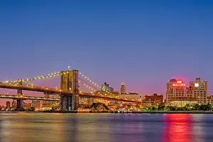 Suspension Prints: The Brooklyn Bridge, Dumbo, Brooklyn Bridge Park and the Watchtower Building during twilight