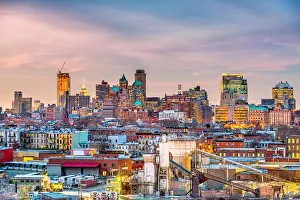 Brooklyn, New York, USA skyline with industrial areas at dusk