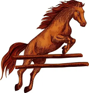Hopping Prints: Brown arabian mustang jumping over barrier and running on horseraces