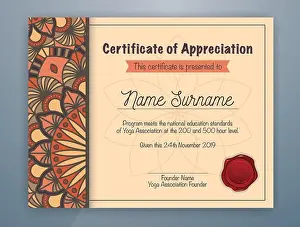 Verified Prints: Brown Mandala Bordered Certificate of Appreciation Template Design for Yoga class
