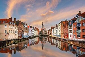 Cityscape Collection: Bruges, Belgium historic canals at dusk