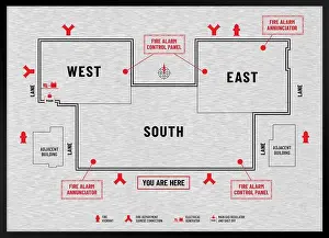 Control Panel Prints: Brushed metal fire emergency plan or evacuation diagram signage of a commercial complex or shopping mall