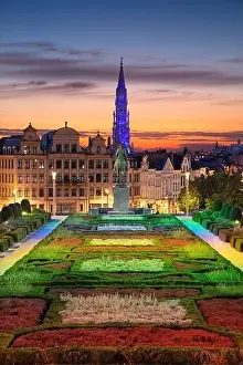Benelux Prints: Brussels, Belgium. Cityscape image of Brussels with City Hall and Mount of the Arts area at sunset