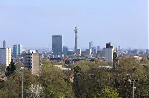 Blue Skies Prints: BT tower and skyline from Parliament Hill on Hampstead Heath in spring sunshine