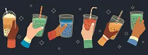 Milky Prints: Bubble tea cups in hands. Sweet boba tea