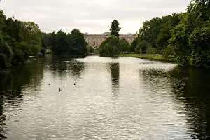 English Heritage Prints: Buckingham Palace viewed across the lake in St James's Park, London, England