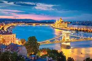 Budapest, Hungary. Aerial cityscape image of Budapest with Chain Bridge and parliament building during summer sunset