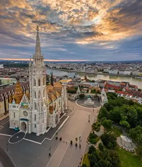 Margaret Island Prints: Budapest, Hungary - Aerial drone view of the beautiful Matthias Church in the morning with Fisherman's Bastion