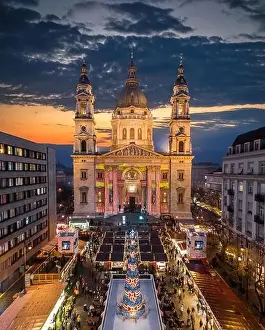 Christmas Market Prints: Budapest, Hungary - Aerial drone view of Europe's most beautiful Christmas market with the illuminated St