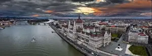 Kossuth Square Prints: Budapest, Hungary - Aerial panoramic drone view of the beautiful Hungarian Parliament building with Margaret Birdge