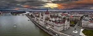 Kossuth Square Prints: Budapest, Hungary - Aerial panoramic drone view of the beautiful Hungarian Parliament building with Margaret Birdge