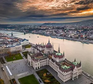 Budapest, Hungary - Aerial panoramic drone view of the Hungarian Parliament building on a november afternoon with an