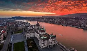 Parliament Building Prints: Budapest, Hungary - Aerial panoramic drone view of the Hungarian Parliament building on a winter afternoon with an