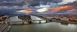 Margaret Prints: Budapest, Hungary - Aerial panoramic drone view of Margaret Bridge (Margit Hid) and Margaret Island (Margit-sziget)
