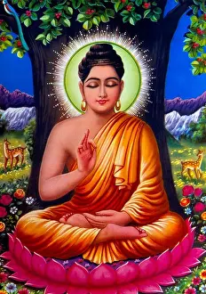 Mudra Prints: Buddha Under Bodhi Tree Sitting On A Lotus Flower Indian Painting