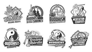 Tibetan Prints: Buddhism religion vector icons of oriental religious symbols and Buddha teaching signs