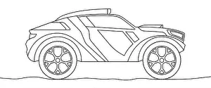 Racer Prints: Buggy rally sports car coloring book page. Off road vehicle outline vector illustration
